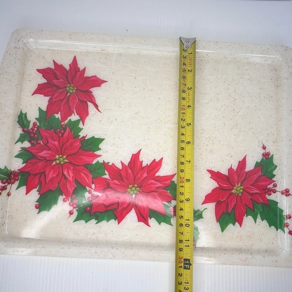 Great Thick Retro Plastic Christmas Poinsettia Tray Gold Flecks MCM 17” X 12”